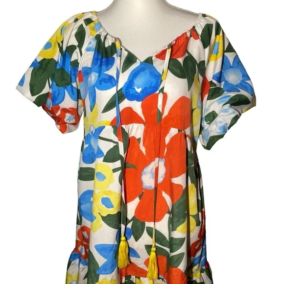 Umgee Women's Medium Bubble Sleeve Floral Mini Tiered Ruffle Dress Tassels - Picture 2 of 8